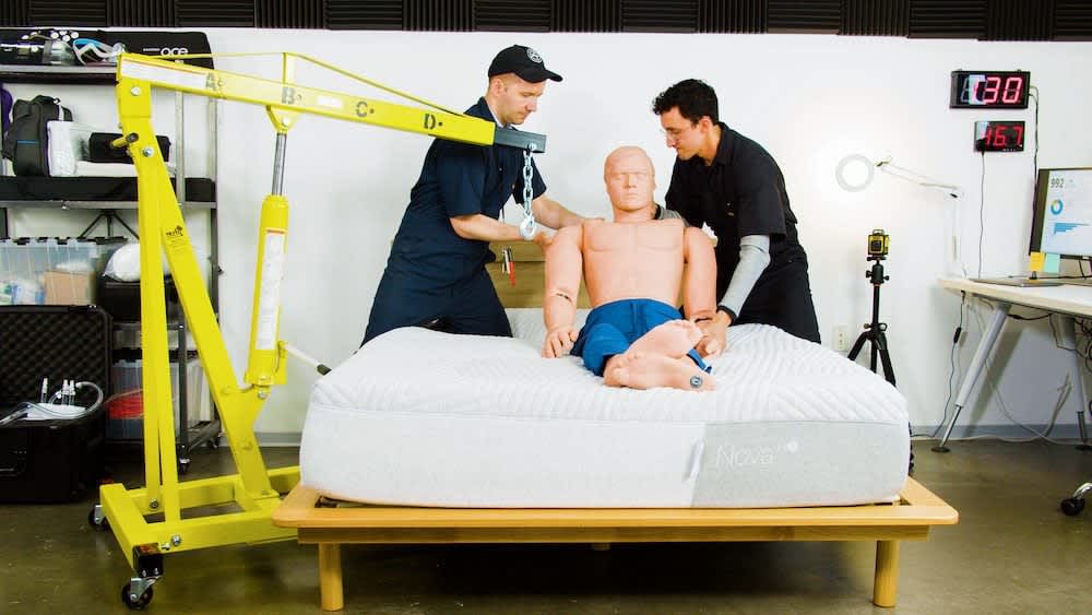 Sleep Foundation lab testers adjusting test dummy on mattress